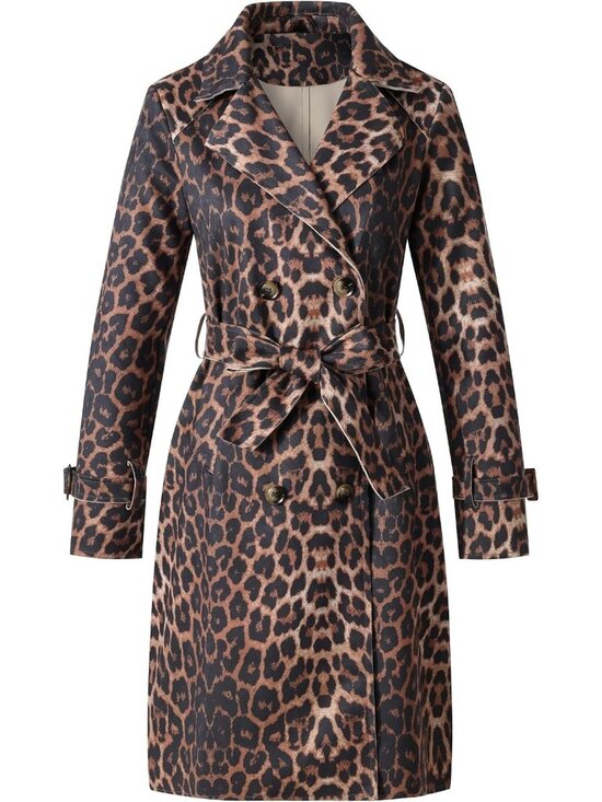 Jackets & Blazers - Women's Leopard Polyester Long Sleeve Classic Cuffs Pockets Trench Coat Jackets